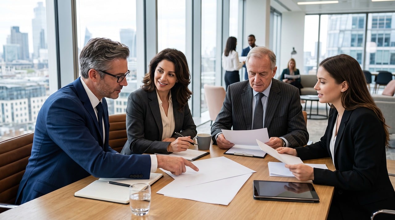 Réunion professionnelle en entreprise autour de documents pour organiser le financement d'une formation